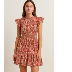 Caroline Constas Dress Strawberry Print Cotton Ruffle Mini Sz Medium Flutter Slv